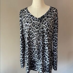 Cache VTG sparkle Leopard Print V-Neck poly stretch top tunic gray black  Lrg